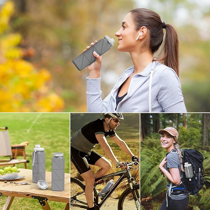 INNERNEED Collapsible Water Bottle, Reuseable BPA Free Silicone Foldable Water Bottles for Travel Gym Camping Hiking, 20.6 fl.oz, Portable, Food-Grade, Leak Proof (1 Pack, Gray)