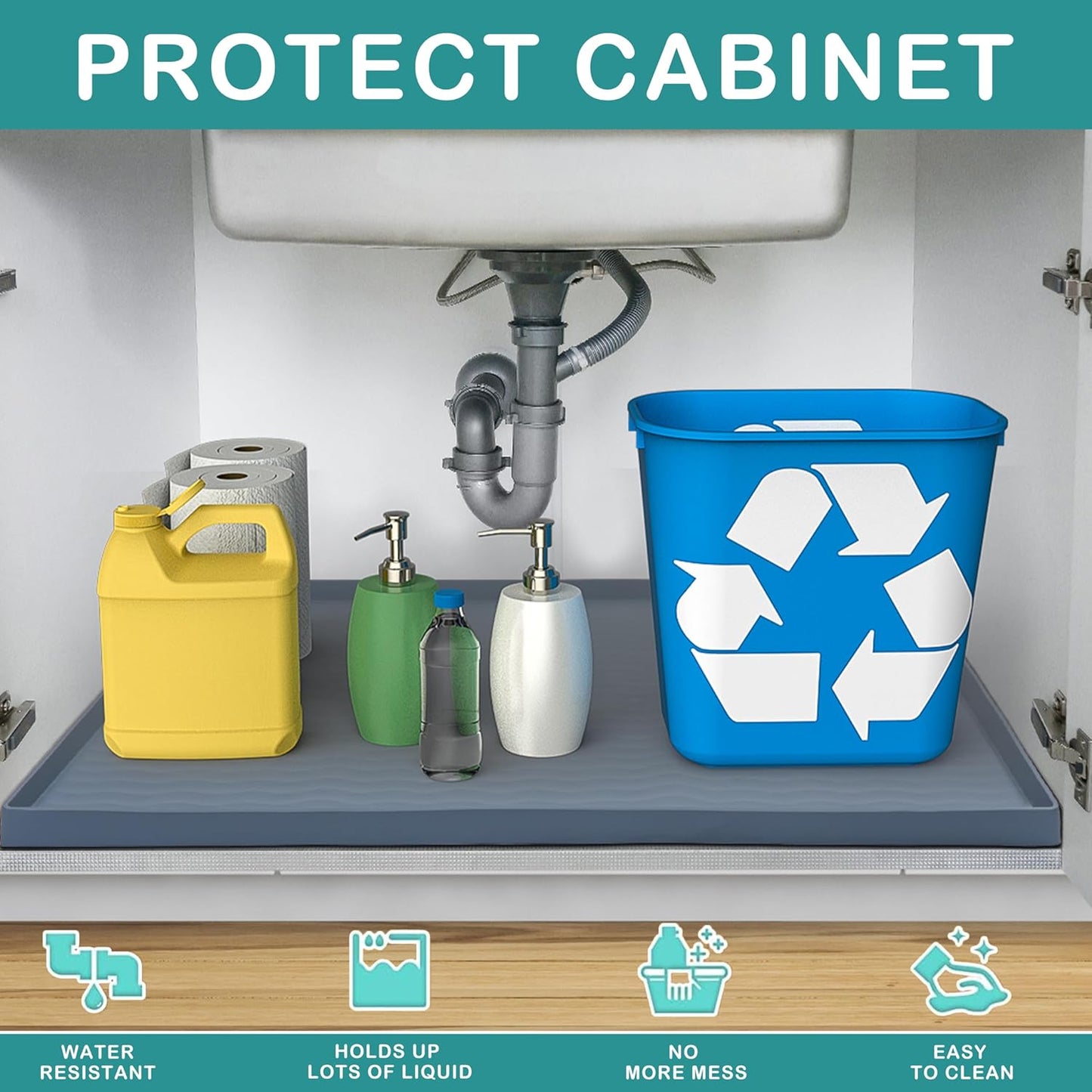 URMONA Waterproof Silicone Under Sink Mat 40'' x 22'' Shelf Liner for Kitchen and Bathroom, Cabinet and Counter Protector, Storage and Organizers, Litter Mat, Pet Cat Puppy Essentials(Light Grey)