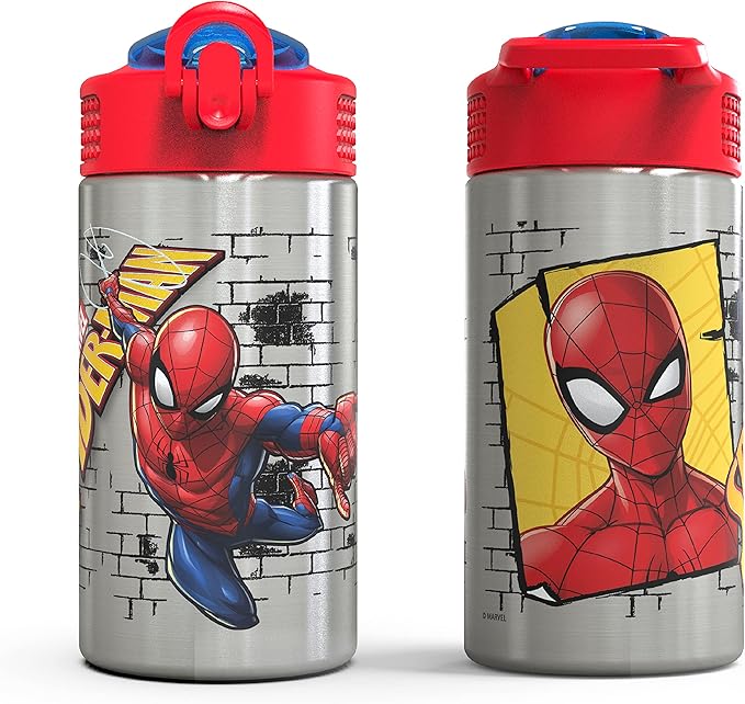 Zak Designs Stainless Steel One Hand Operation Lid and Built-in Carrying Loop Water Bottle with Straw Spout is Perfect for Kids (15.5 oz, BPA Free), 1 Count (Pack of 1), Spiderman