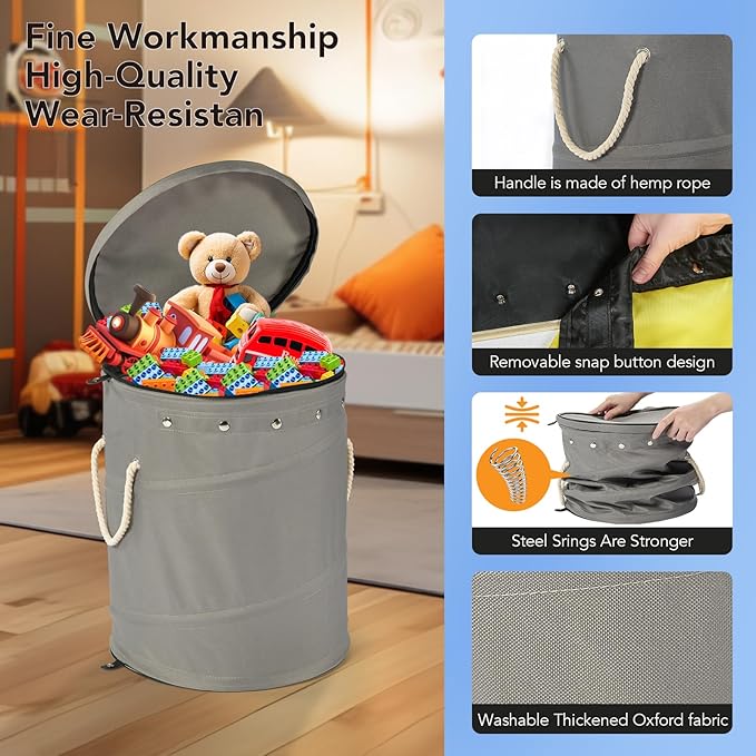 Toy Storage Basket + Play Mat for Kids Toy Chest Organizer Kids Toy Storage Organizer Foldable Big Storage Bins with Lids Large Toy Box for Boys Girls Toy Holders for Kids Rooms Nursery (Gray)