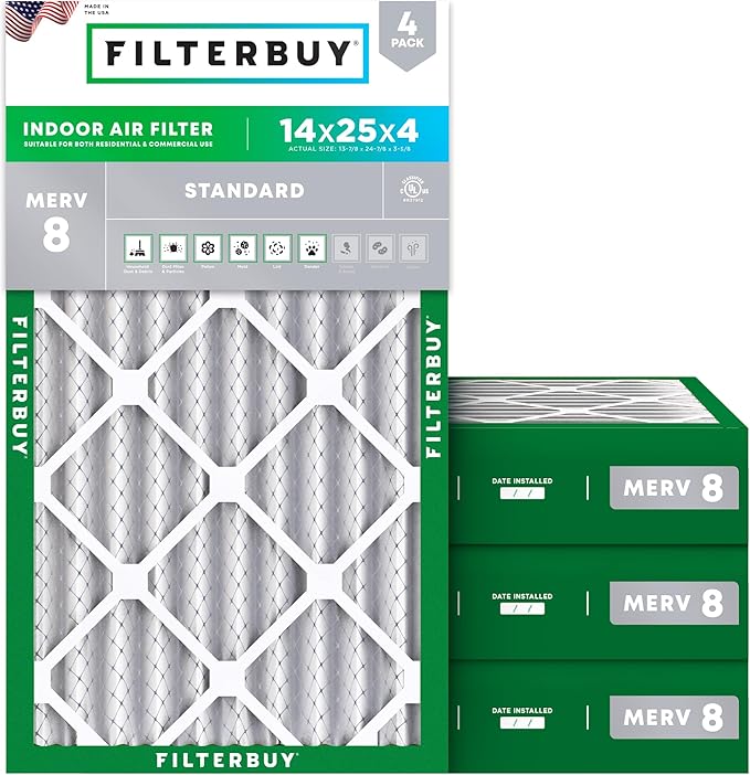 Filterbuy 14x25x4 Air Filter MERV 8 Dust Defense (4-Pack), Pleated HVAC AC Furnace Air Filters Replacement (Actual Size: 13.88 x 24.88 x 3.63 Inches)