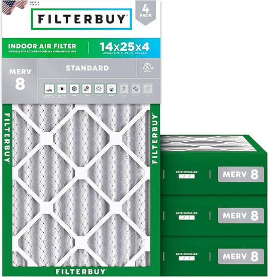 Filterbuy 14x25x4 Air Filter MERV 8 Dust Defense (4-Pack), Pleated HVAC AC Furnace Air Filters Replacement (Actual Size: 13.88 x 24.88 x 3.63 Inches)