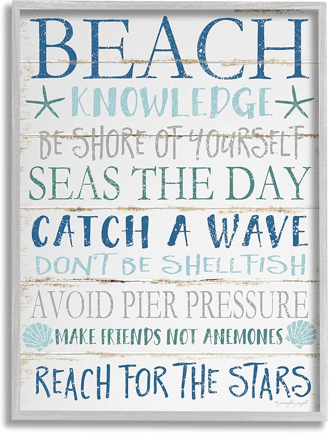 Stupell Industries cwp-367 Beach Knowledge Blue Aqua and White Planked Look Sign Wall Art, 11 x 14, Gray Framed