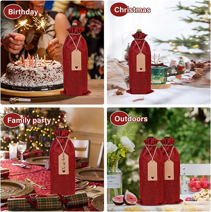 EVRWO Burlap Wine Bags 12 Pcs Wine Bottle Gift Bags Reusable Gift Bags With Drawstrings Tags & Ropes for Holiday Weedings Party, Birthdays, Travel, Blind Tastings, Home Storage 750ml (Burgundy)