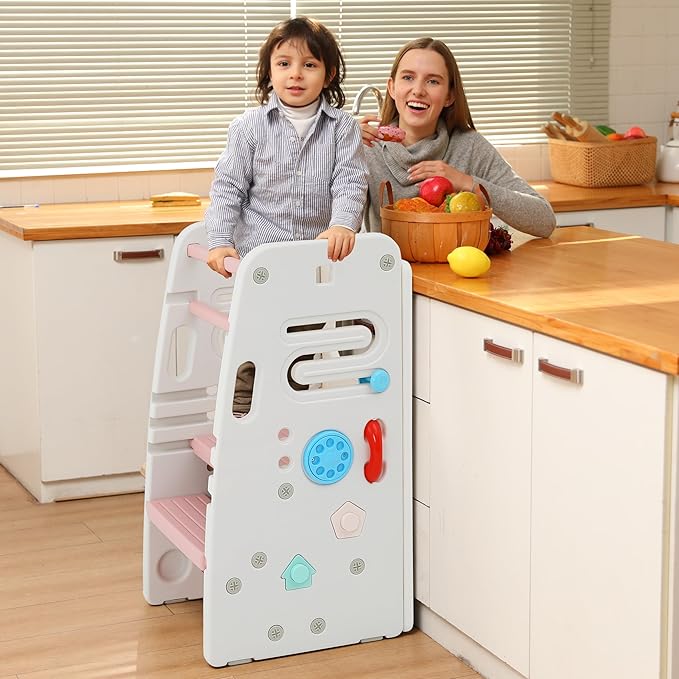 SDADI Multifunctional Toddler Tower with Double Safety Rails - Adjustable & Non-Slip for Kitchen and Bathroom Use - Montessori Step Stool for Kids, Beige and Pink