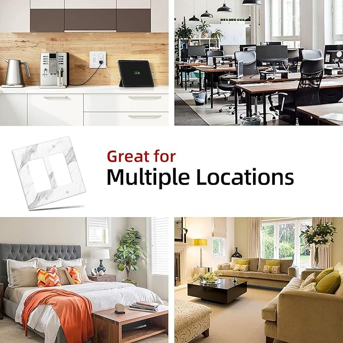 Marble Grey Wall Plate Decorative Light Switch Cover 2-Gang Double Rocker Faceplate for Bathroom Farmhouse Kitchen Bedroom White