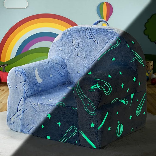 Toddler Chair Sherpa Couch Sherpa Kids Chair, Cuddly Comfy Toddler Plush Chair Toddler Couch Reading Chair for Kids Glow in The Dark Starry Sky Blue