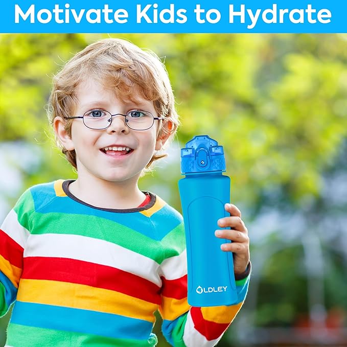 OLDLEY Kids Water Bottle for School with Straw Chug Lid, 15 oz Unbreakable Leak-Proof BPA-Free Motivational Water Bottles with Time Marker for Travel Sports Gym, 2 Lids, Blue