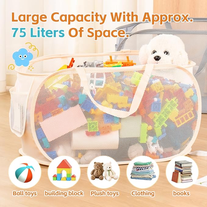 Kids Toy Storage Organizer Toy Box -Large,Lightweight & Foldable Children's Toy Chest,Suitable for Boys'and Girls' Playrooms,Bedrooms,and Nurseries.Dimensions: 22"x13"x13"Beige Navy Blue (Beige)