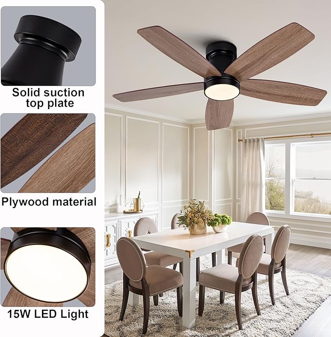 42 inch Ceiling Fans with Lights and Remote,Flush Mount Black Ceiling Fan,Memory Fuction Reversible Quiet DC Motor Low Profile Ceiling Fans For Living Room Bedroom Indoor Outdoor(Black&Walnut)