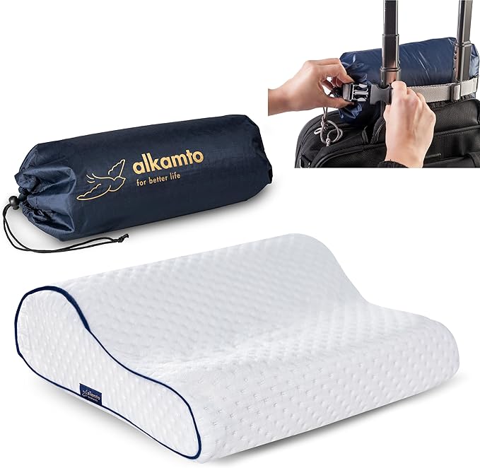 Travel & Camping Comfortable Memory Foam Pillow – Easy to Carry Portable Bag – Temperature Regulating Pillow Case (White Contour)