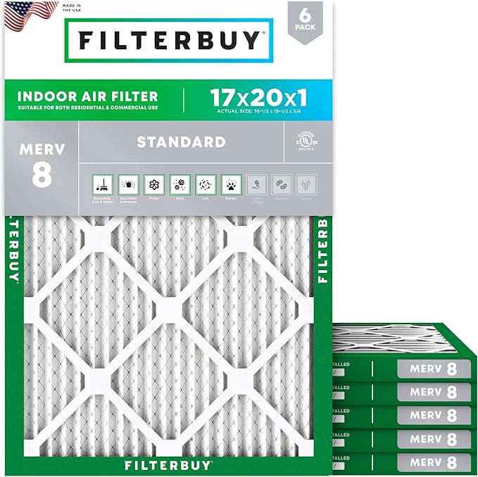 Filterbuy 17x20x1 Air Filter MERV 8 Dust Defense (6-Pack), Pleated HVAC AC Furnace Air Filters Replacement (Actual Size: 16.50 x 19.50 x 0.75 Inches)