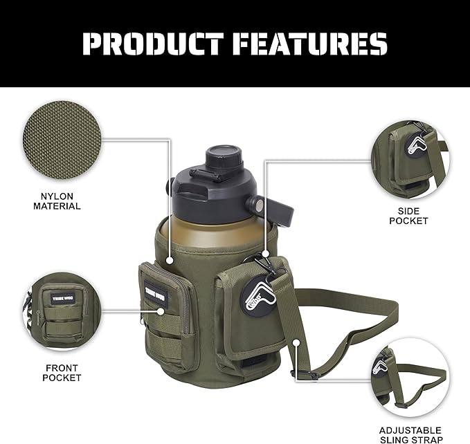 TRIBE WOD Tactical Water Bottle - 64 oz - Outdoor Military Water Bottles Stainless Steel - Double-Wall Jug with Rugged Strap and Removable Sleeve for Keys, Wallet, Phone (Military Olive)