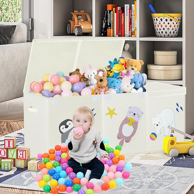 Large Toy Box Storage Chest,Sturdy Toys Storage Organizer Bin Basket with Dividers and Lids for Toddlers,Boys,Girls,Nursery,Closet,Living Room Area,Playroom(Beige Animals)