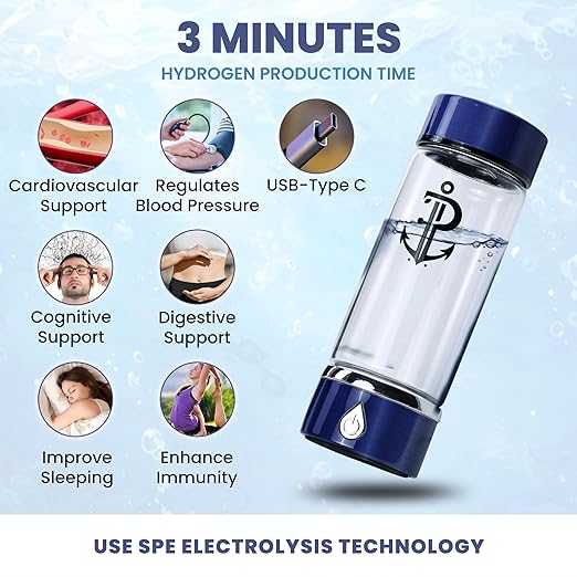 Hydrogen Water Bottle Generator | Durable SPE PEM Electrolysis Technology Hydrogen Water in 3 Min | Portable Water Quick Ionizer Machine for Home, Office, Travel, Exercise, Daily Use & Gifts (Blue)