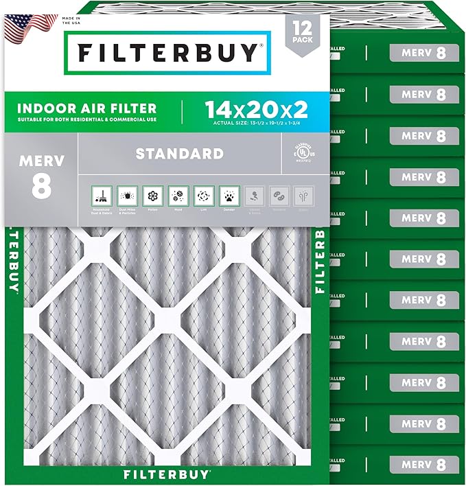 Filterbuy 14x20x2 Air Filter MERV 8 Dust Defense (12-Pack), Pleated HVAC AC Furnace Air Filters Replacement (Actual Size: 13.50 x 19.50 x 1.75 Inches)