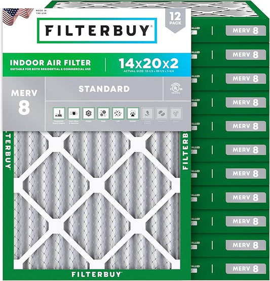 Filterbuy 14x20x2 Air Filter MERV 8 Dust Defense (12-Pack), Pleated HVAC AC Furnace Air Filters Replacement (Actual Size: 13.50 x 19.50 x 1.75 Inches)