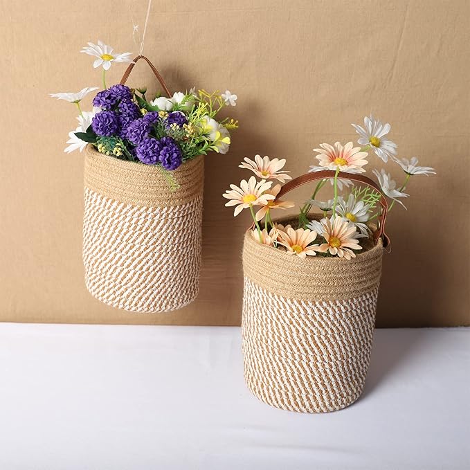 Hanging Basket(2Piece) Wall Woven Cotton Rope Storage Basket with Leather Decorative Baskets Organizer for Kitchen Office Bedroom,Plants,Towels, Toys Khaki