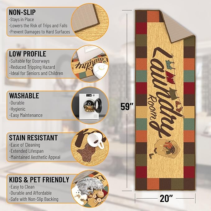 Ottomanson Laundry Collection Non-Slip Rubberback Checkered Border Design 2x5 Laundry Room Runner Rug, 20" x 59", Multicolor