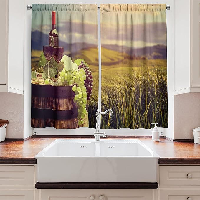 Ambesonne Wine Kitchen Curtains, Italy Tuscany Landscape Rural Vineyard Autumn Harvest Grapes Drink Viticulture, Window Drapes 2 Panel Set for Kitchen Cafe Decor, 55" x 39", Black Taupe