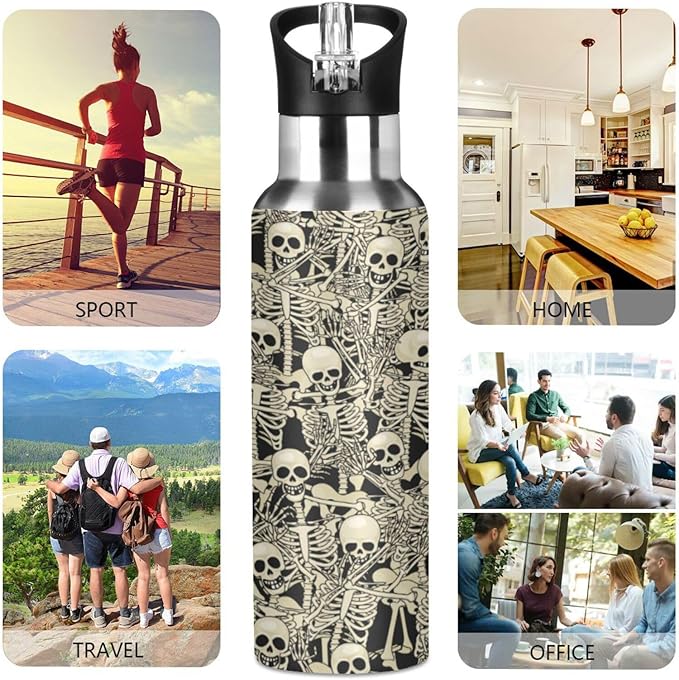 ALAZA Gothic Skull Skeleton Water Bottle With Straw Lids Boys Girls,Vacuum Insulated Leakproof Stainless-Steel Sports Bottle Thermal Flask For Gym Yoga Camping,34Oz (1000Ml)