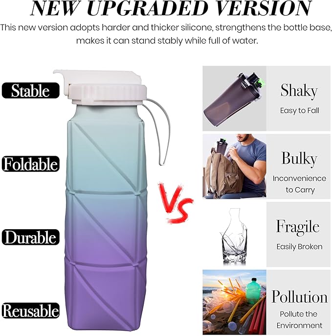 Collapsible Water Bottles with Straw Strap, BPA-Free Leak-Proof Silicone Collapsible Water Bottle Cup 620ml for Travel, Camping, Hiking, Cycling and Outdoor Sports (Blue-Purple Gradient)