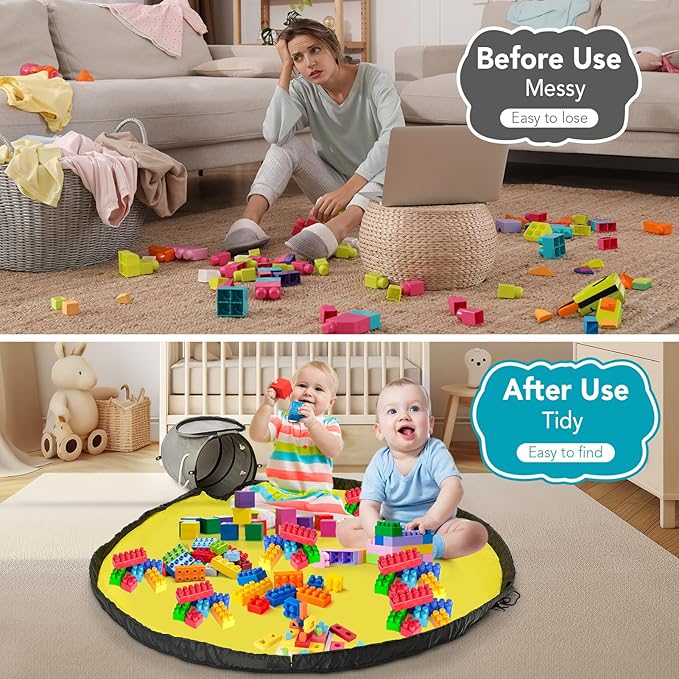 Toy Storage Basket and Play Mat for Kids - Foldable Toy Storage Organizer Bins with Lids - Kids Toy Box Chest for Building Blocks, Boys, Girls, Nursery, Playroom, 12.6''x12.6''x15.5''(Grey)