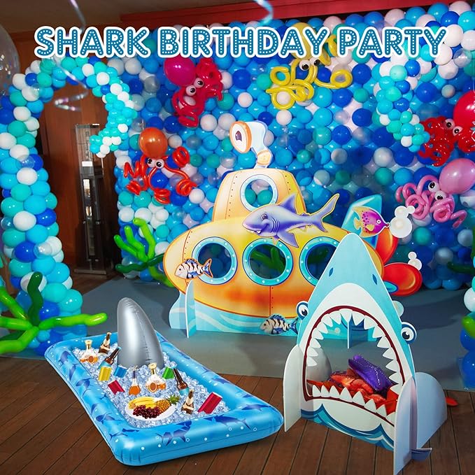 Deekin 2 Pieces Shark Party Buffet Cooler Inflatable Serving Bar Inflatable Cooler Cold Food Buffet Server Serving Tray Food Drink Holder Salad Ice Tray for Shark Theme Party Picnic Barbecue, 53 x 28