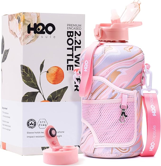 H2O Capsule 2.2L Half Gallon Water Bottle with Storage Sleeve and Removable Straw – BPA Free Large Reusable Drink Container with Handle - Big Sports Jug, 2.2 Liter (74 Ounce), Pink Marble