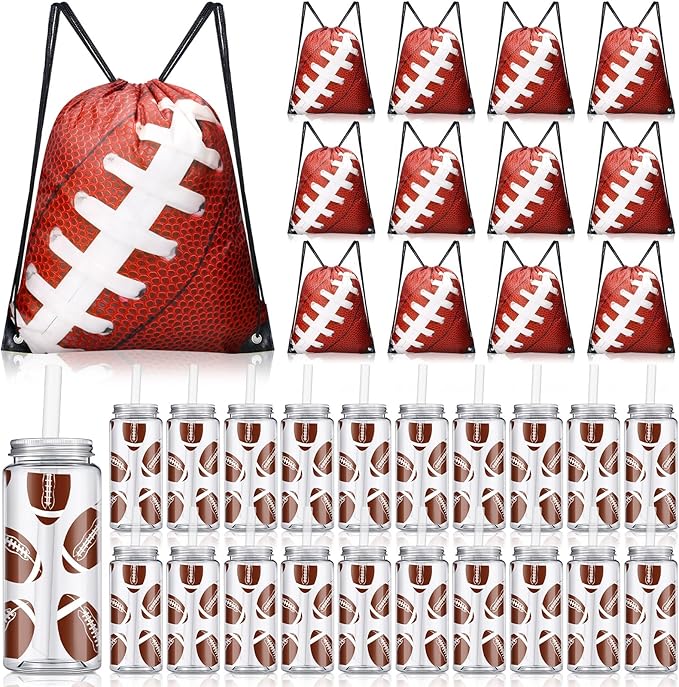 20 Pack Cups with Lid and Straw 14.2 oz Reusable Tumbler Clear Plastic Drinking Cups with 20 Pack Drawstring Bag for Birthday School Sport Decorations Party Supplies (Football)