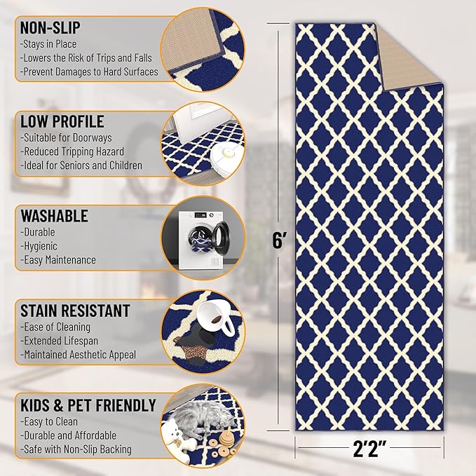 Ottomanson Glamour Collection Non-Slip Rubberback Moroccan Trellis Design 2x6 Indoor Runner Rug, 2'2" x 6', Navy