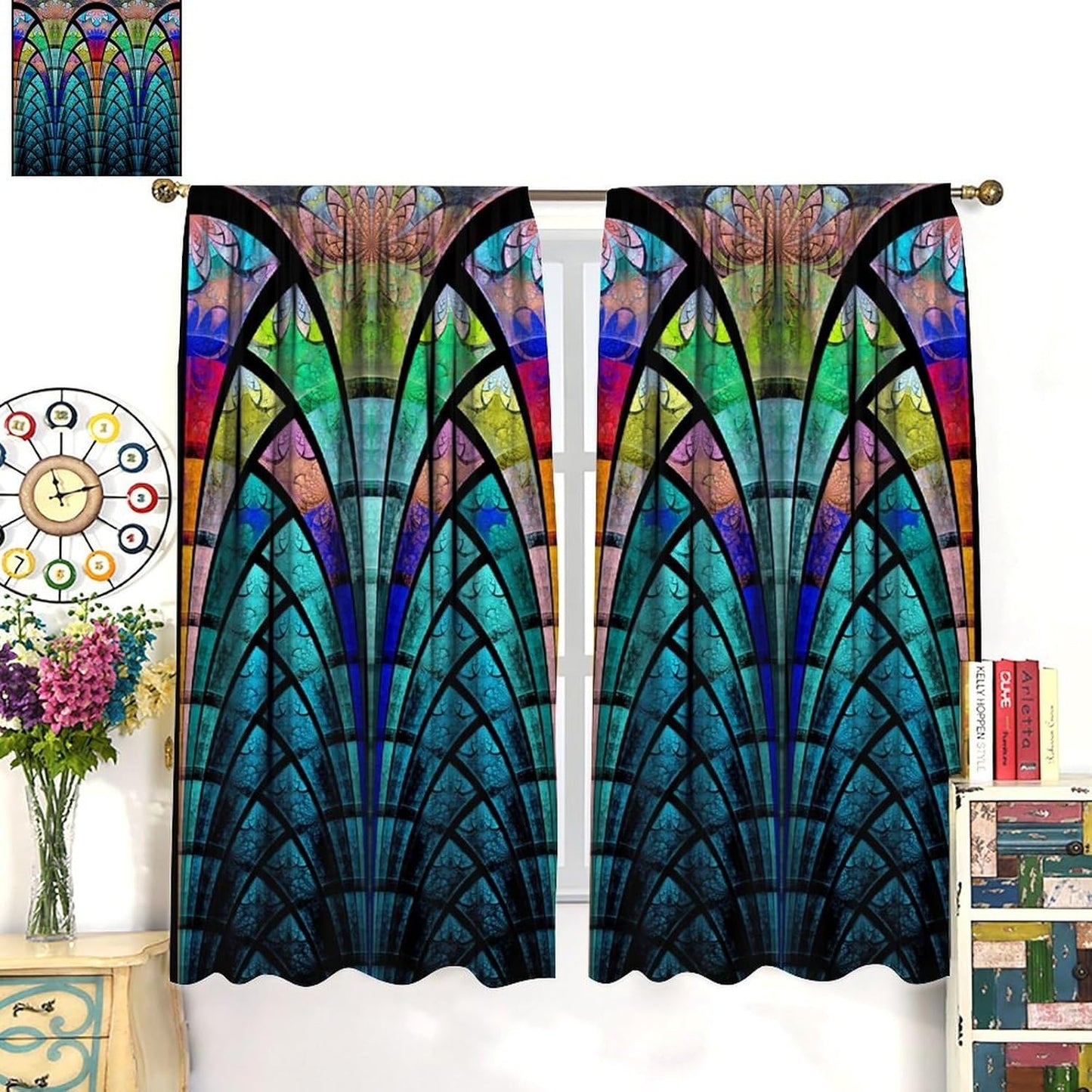 Stained Glass Curtains,Retro Design Style Colorful Abstract Art Home Decor Drapes for Bedroom Living Room Kitchen Window Treatment 2 Panels Set Total Size 42" W X 63" L Inch