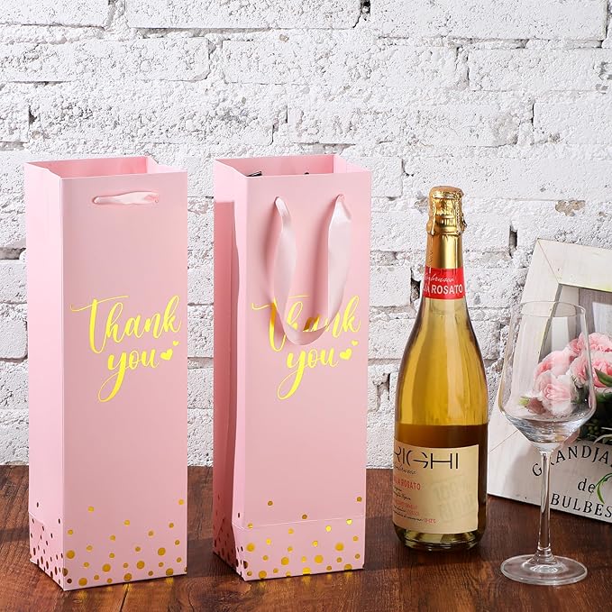 Ctosree 30 Pcs Wine Gift Bag for Wine Bottle Wedding Wine Thank You Gift Bag with Metallic Gold Foil Print Kraft Wine Paper Favor Bag with Attractive Rope Handle for Graduation Bottle(Pink)