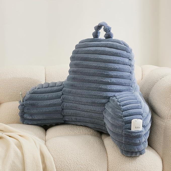 WERDIM Reading Pillow for Sitting in Bed, Faux Fur Back Pillow for Bed Rest, Bed Chair Pillow with Arms and Pockets(Standard, Dusty Blue)