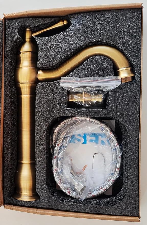 Antique Brass Single Handle Bathroom Sink Faucet, Faucet with Pop Up Drain Tall Spout Single Hole 360° Swivel Hot Cold Water Gold