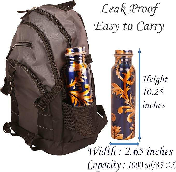 Pure Copper Water Bottle - Handcrafted - Ayurveda health benefits - Large 35 oz - Leak proof - Easy to carry for Sports, Fitness, Yoga, School - Royal Blue Base Floral Golden Vines Enamel