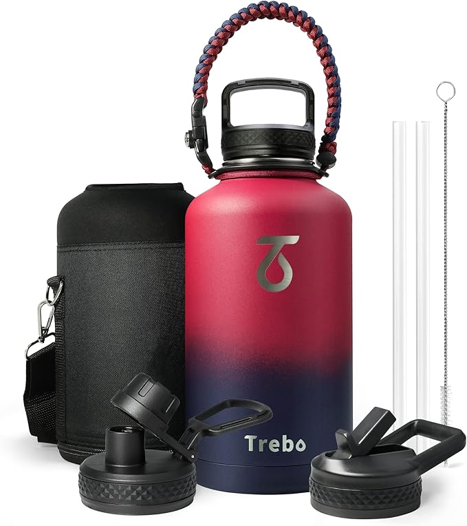 Trebo Half Gallon Water Bottle with Paracord Handle 64oz Wide Mouth Insulated Double Wall Stainless Steel Large Sports Flask Keep Hot 24 Hours & Cold 48 Hours Water Jug with 3 Lids Ombre: Ruby Red