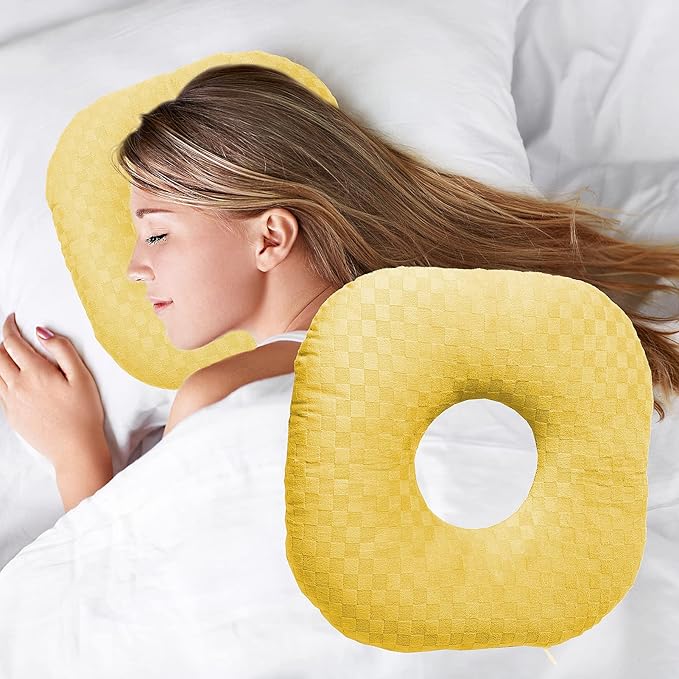Ear Piercing Pillow for Side Sleepers, Pillow with an Ear Hole for CNH and Ear Pain Ear Inflammation Pressure Sores, O-Shaped Side Sleeping Pillow, Ear Guard Pillow(Yellow)
