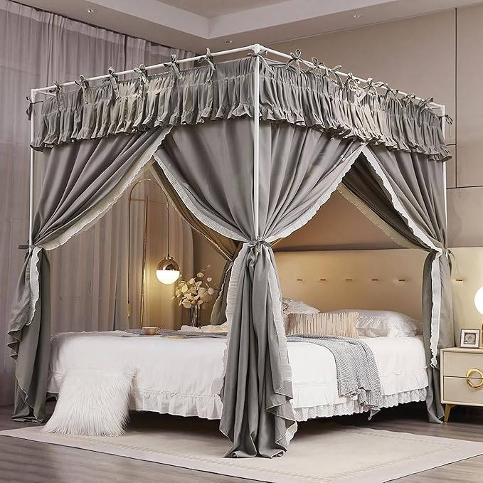 4 Corners Post Princess Ruffle Curtain Bed Canopy Lace Up Elastic Cozy Breathable Tent Mosquito Net for Girls Bedroom Decoration(Grey, 47-53" W*78" L*82"*H/Full)