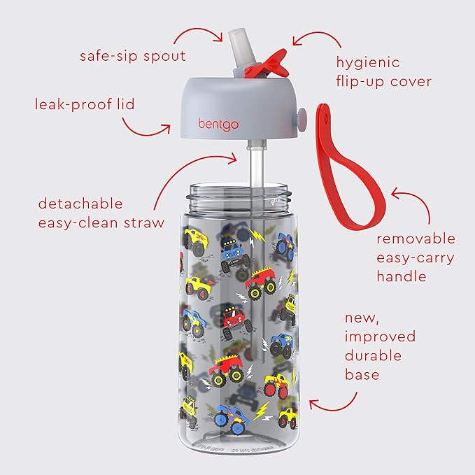 Bentgo Kids Water Bottle - Leak-Proof, Durable Tritan™, BPA-Free 15 oz. Cup for Kids/Toddlers Ages 3+ - Flip-Up Straw & Dishwasher Safe for School, Sports, Daycare & Camp (Trucks)