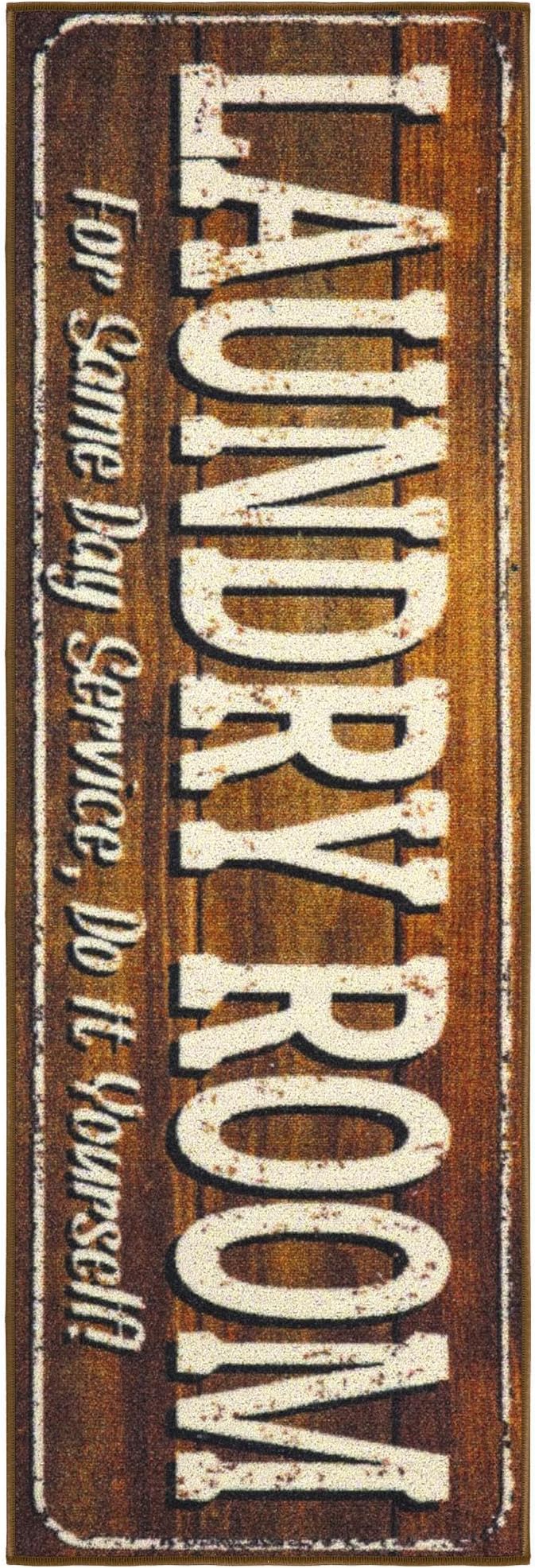 Ottomanson Laundry Collection Non-Slip Rubberback Text Design 2x5 Laundry Room Runner Rug, 20" x 59", Brown
