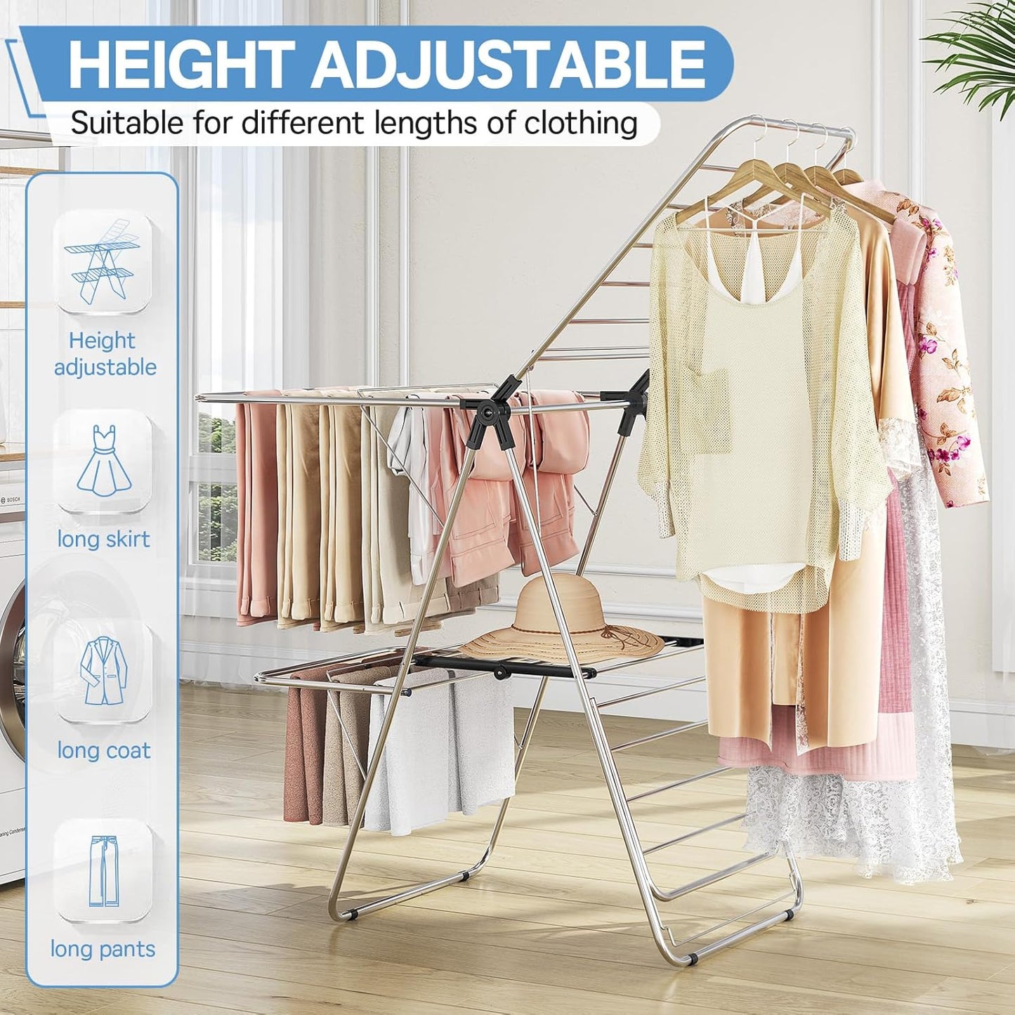 APEXCHASER Clothes Drying Rack with 4 Wings, Drying Rack Clothing with Height-Adjustable, Foldable Gullwings Laundry Drying Rack, Indoor Outdoor Use, No Assembly, Black