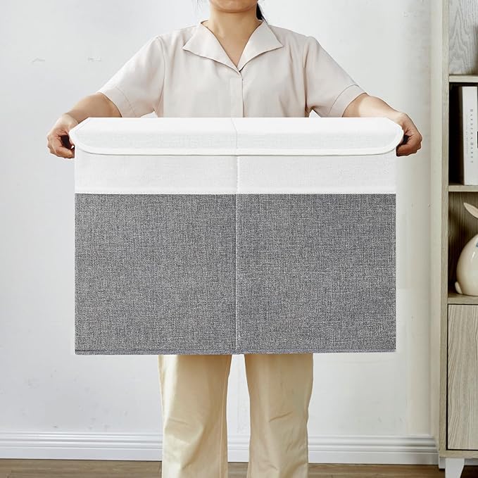 Large Toy Storage Box with Lids, Collapsible Sturdy Baby Storage Organizer Chest Bin Basket for Kids, Boys, Girls, Playroom, Nursery, Bedroom, Closet 25"x13"x16" (Gray and White)