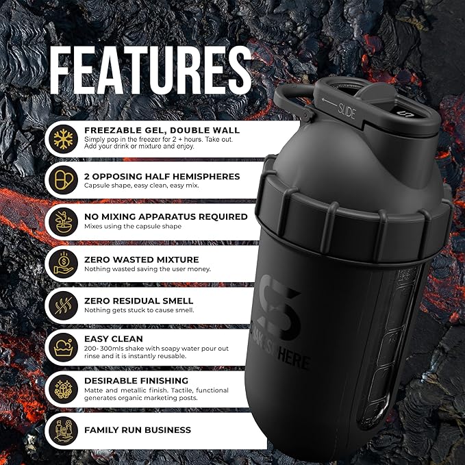 SHAKESPHERE Tumbler Cooler Shaker - Protein Shaker Bottle and Smoothie Cup, 24 oz - Bladeless Blender Cup Purees Raw Fruit with No Blending Ball – Powder Mixer for Pre Workout Gym (Matte Black)