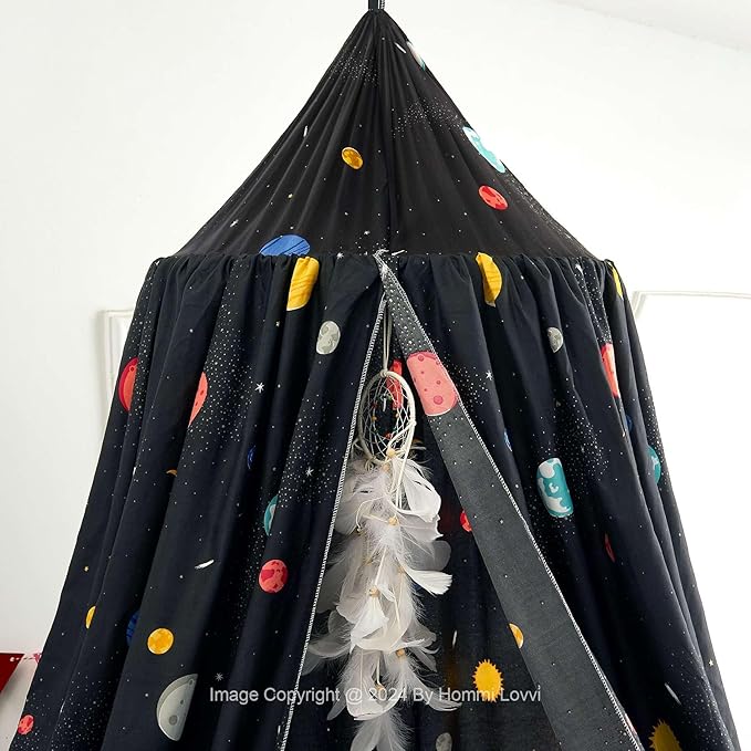 Space Planets Print Kids Bed Canopy, Girls Princess Bed Canopy Dreamy Room Decor, Soft Hanging Reading Nook Play Tent Canopy, Extra Large Full Size Bed Canopy with String Light