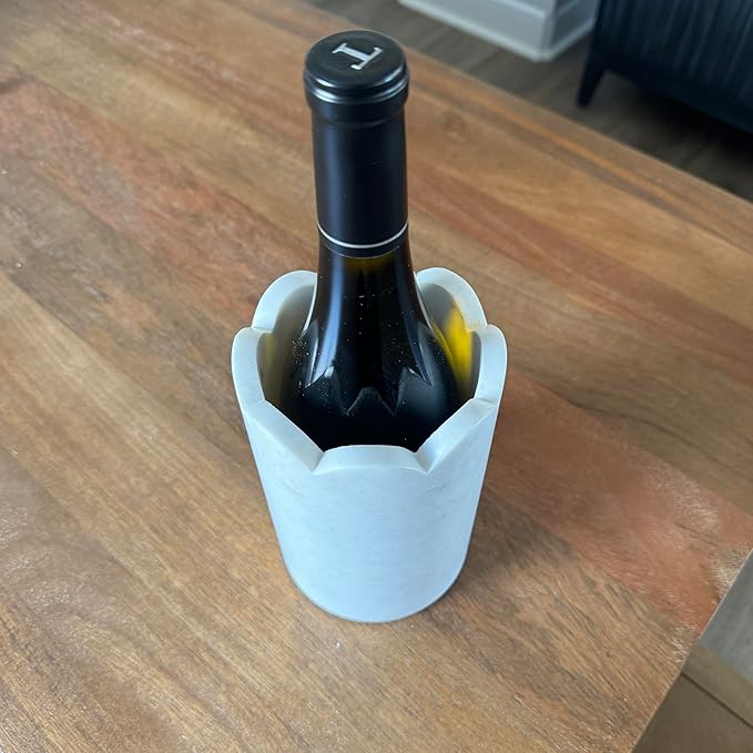 Scalloped Marble Wine Chiller - 750ml Wine Bottle Cooler & Chiller for Party, Bar Cart & Kitchen Decor Keeps Wine & Bottle Cold - Multi-Purpose Marble Utensil Holder for Kitchen Counter