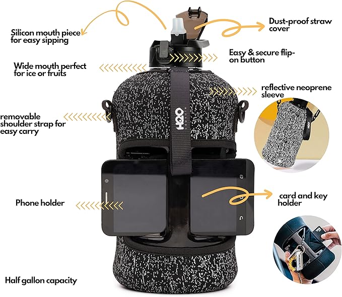 H2O Capsule 2.2L Half Gallon Water Bottle with Storage Sleeve and Covered Straw Lid – BPA Free Large Reusable Drink Container with Handle - Big Sports Jug, 2.2 Liter (74 Ounce)