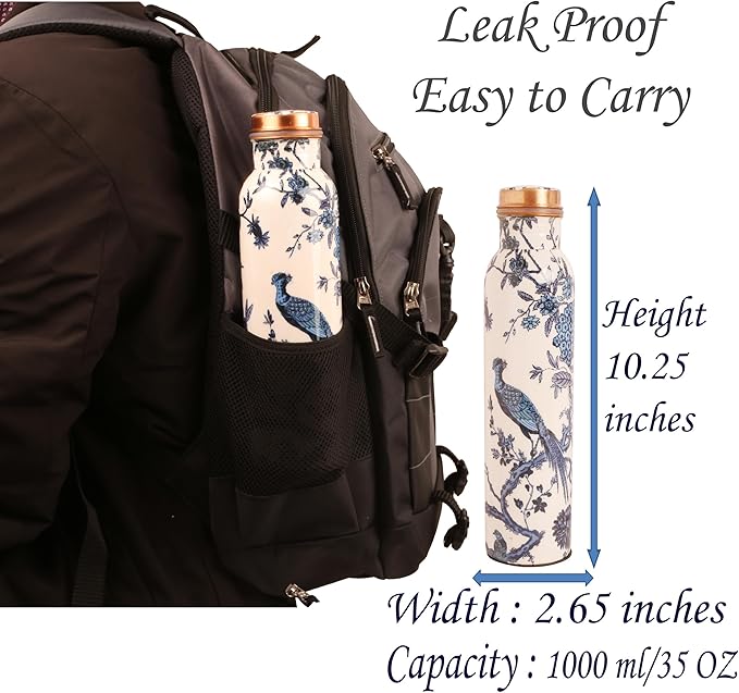 Pure Copper Water Bottle - Handcrafted - Ayurveda health benefits - Large 35 oz - Leak proof, Easy to carry for Sports, Fitness, Yoga, School - White Base Indigo Blue Floral Peacock Enamel