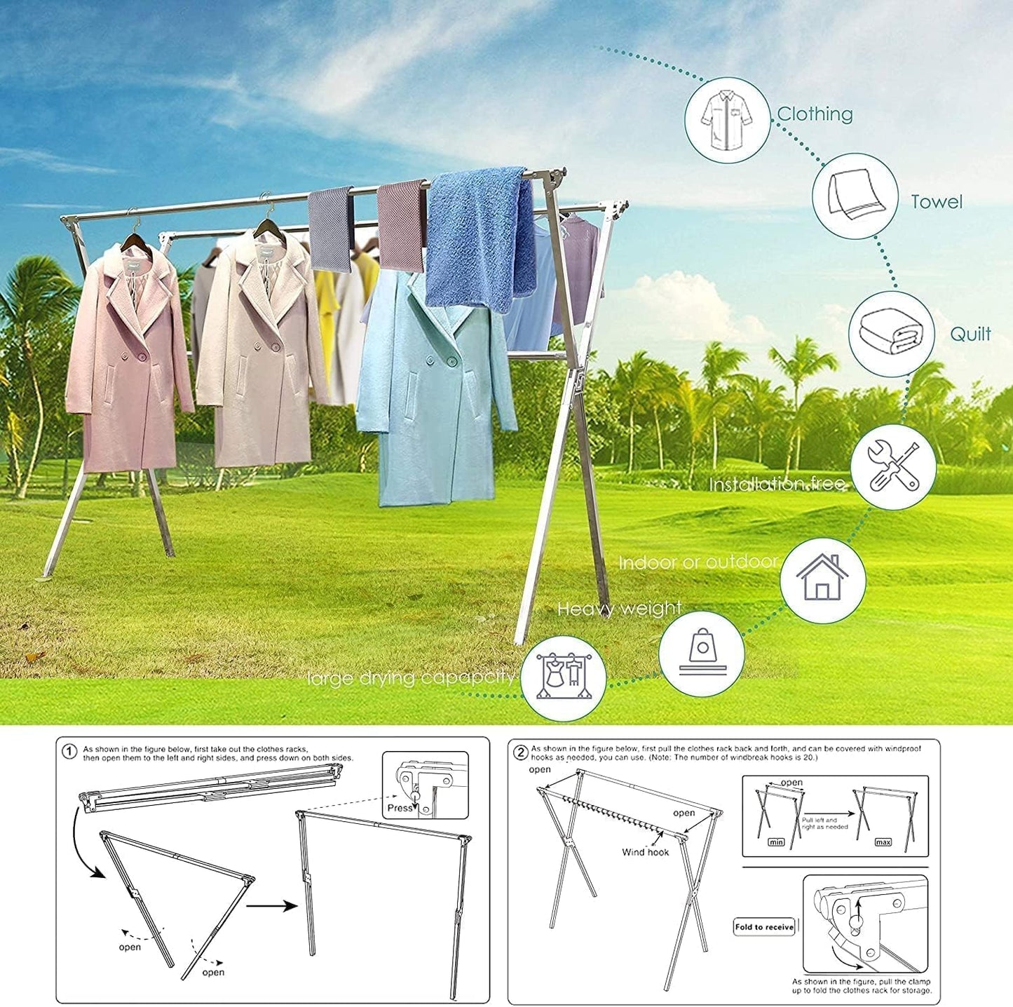 Clothes Drying Rack Folding Indoor Outdoor, Foldable Portable Laundry Drying Rack, Heavy Duty Laundry Hanger Dryer Rack with 20 Hooks (79.55'')
