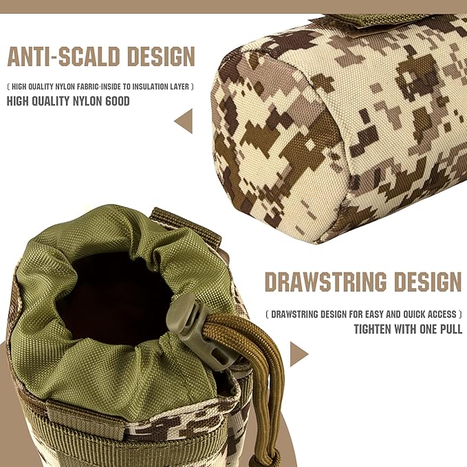 IronSeals Adjustable Tactical Water Bottle Pouch Foldable MOLLE Water Bottle Holder Drawstring Open Top Travel Water Bottle Bag